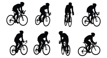 cyclists in various stages of a race depicted in silhouette