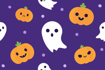 Cute halloween ghosts and pumpkins pattern on purple background