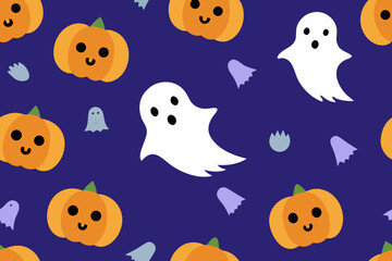 Cute halloween pattern with ghosts and pumpkins on a dark blue background