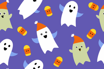 Cute halloween ghosts and candy corn pattern on purple background