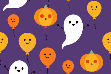 Cute halloween ghosts and pumpkins floating on purple background