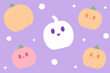 Cute halloween pumpkins and ghost on a pastel purple background