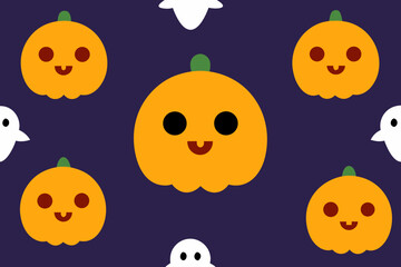Cute halloween pumpkins and ghosts pattern on dark purple background