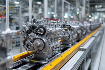 Pallet Conveyor: Metal Car Engines on Industrial Factory Assembly Line