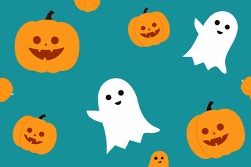 Cute halloween ghosts and pumpkins seamless pattern on teal background