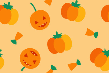 Cute halloween pumpkins and candy corn pattern on orange background