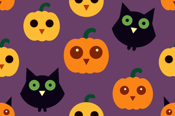 Cute halloween pumpkins and black cats seamless pattern