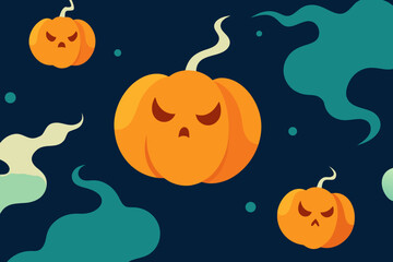Spooky halloween pumpkins with swirling mist on dark background