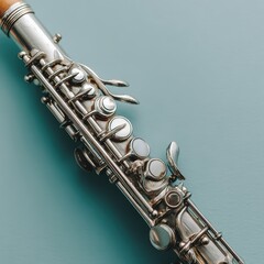 Fototapeta premium Close up view of a silver musical instrument against a light blue background.