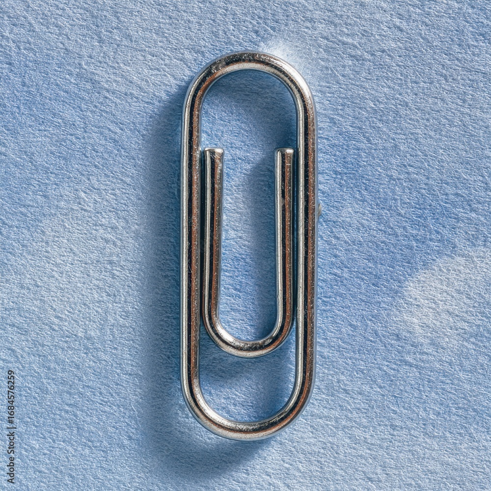 Poster close up of a metallic silver paperclip on a textured light blue background with subtle sparkle.