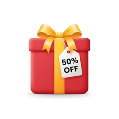 Vibrant red gift box adorned with a shimmering golden yellow ribbon and a prominent '50% OFF' tag, symbolizing special promotions, festive discounts, and exciting shopping opportunities for customers