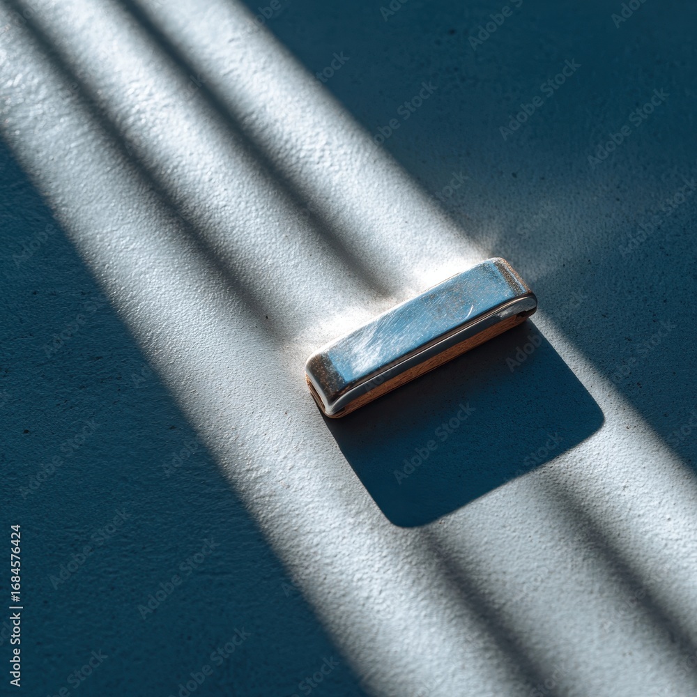 Aufkleber metallic rectangular object on a textured surface, illuminated by diagonal sunlight creating strong 