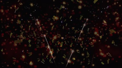 Animation of falling colourful confetti and fireworks over black background - Powered by Adobe