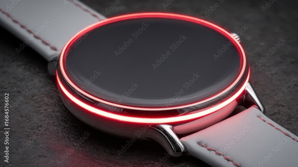 Poster close up of a silver smartwatch with a red illuminated bezel on a gray textured surface.