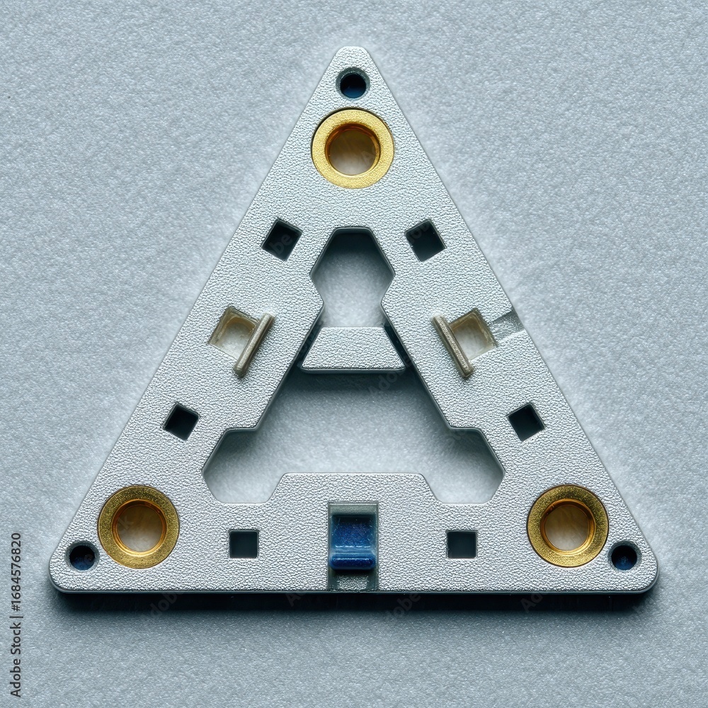Poster close up view of a metallic triangular component featuring gold circular inserts and a central blue 