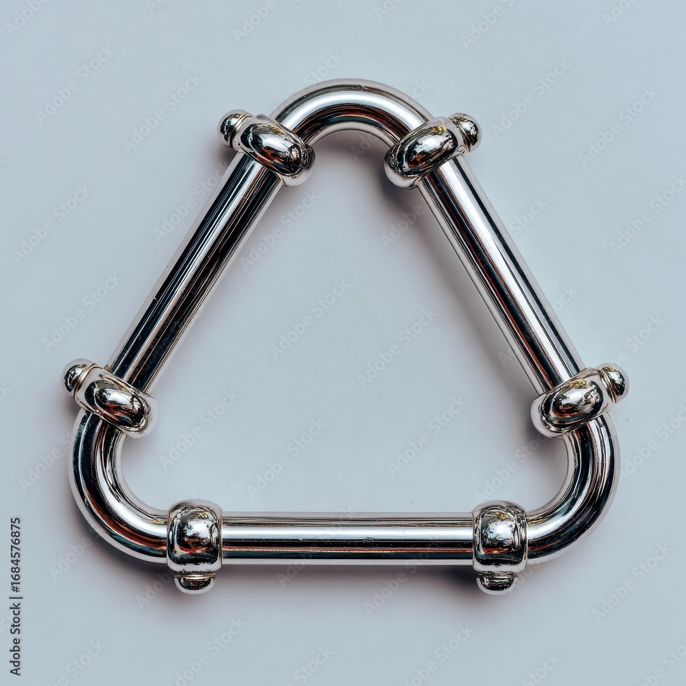 Aufkleber close up view of a silver, triangular shaped metal object with rounded edges and small spherical acc