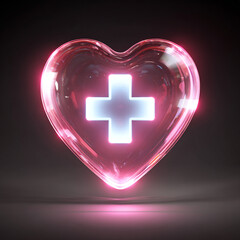 Glossy 3D pink heart with glowing medical cross, futuristic healthcare and vitality symbol for hospital, emergency, wellness, and cardiology awareness