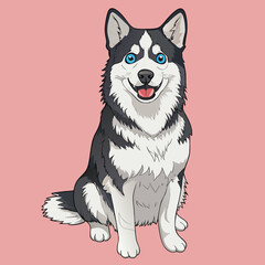 Fototapeta premium Cartoon husky dog sitting with blue eyes and pink background