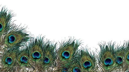 Fototapeta premium Peacock Feather Border. Beautiful Shiny Feathers on White Banner with Copy Space