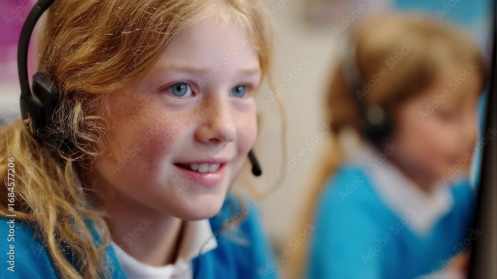 Poster close medium shot of a young girl with learning aids using a speechtotext device in a digitally equi