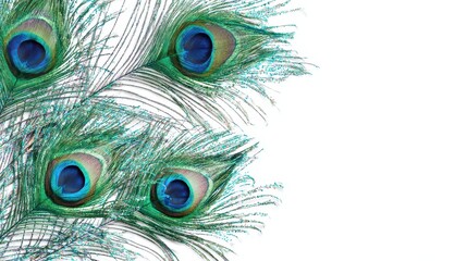 Obraz premium Peacock Feather Border. Beautiful Shiny Feathers on White Banner with Copy Space