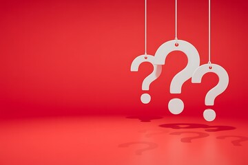 White Question Marks Hanging Against Red Background: Intriguing, Minimalist 3D Render of Uncertainty and Inquiry.