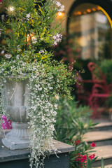 Fototapeta premium Elegant Floral Shopfront with Lush Greenery and Blooming Flowers