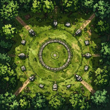 A circular, stone-walled enclosure lies in a sun-drenched forest clearing, surrounded by pathways and scattered debris.
