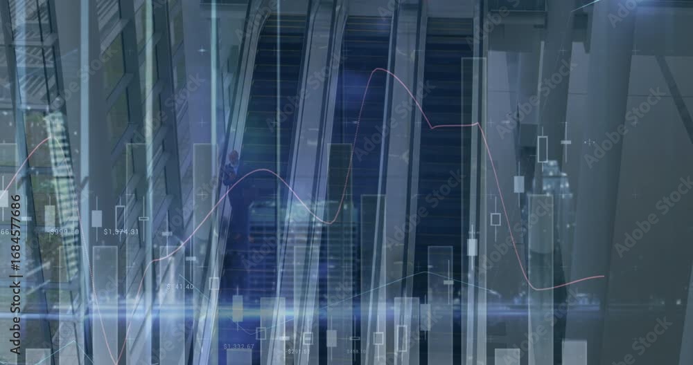 Poster animation of financial data processing over escalator