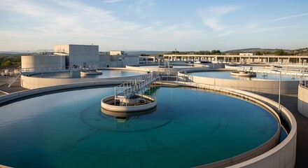 Water Treatment Facility With Circular Tanks Under Blue Sky