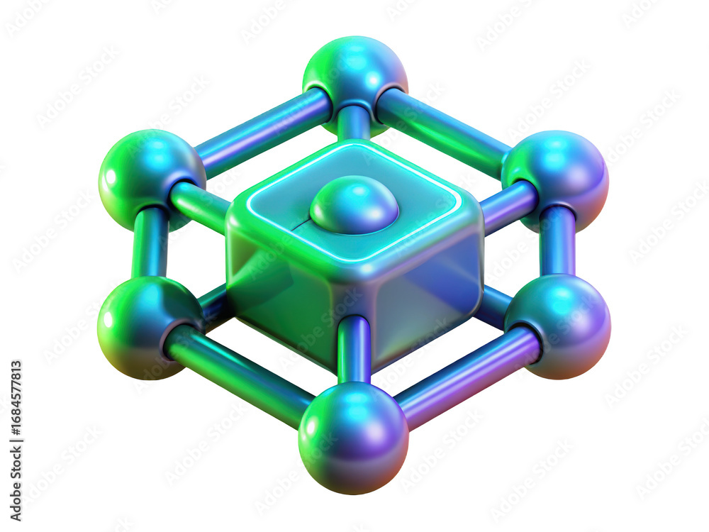 Poster abstract atom molecule structure showing green blue gradient design 3d illustration isolated on tran