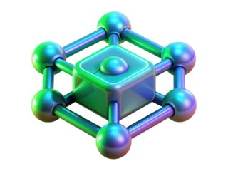Abstract atom molecule structure showing green blue gradient design 3d illustration isolated on transparent background