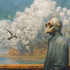 Man in respirator, amidst apocalyptic clouds over a city