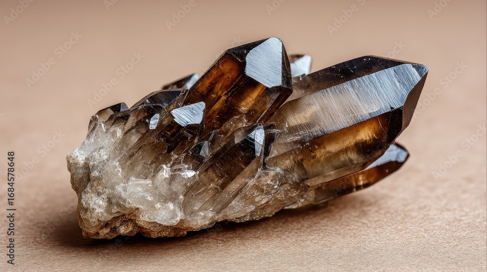 Poster close up of a dark brown smoky quartz crystal cluster resting on a light brown surface. the crystals