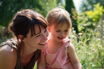 Joyful mother and daughter playing outside