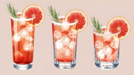 Three Paloma cocktails with ice and grapefruit slices in highball and rocks glasses. Watercolor illustration of tequila-based pink drinks with salt rim and rosemary garnish