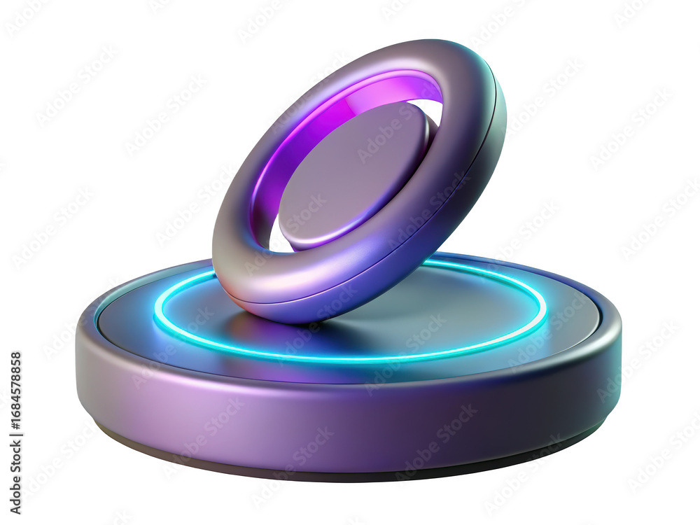 Poster abstract metallic object with neon light on round platform3d illustration isolated on transparent ba