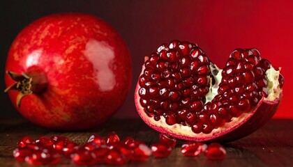Pomegranate cut open, seeds glistening, symbolizing abundance and blessings.