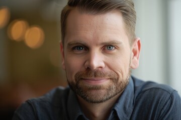 Handsome man portrait headshot with beard and blue eyes professional profile picture shot