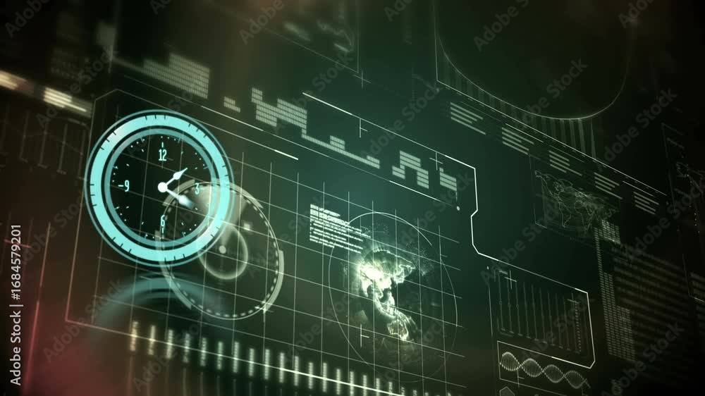 Aufkleber Animation of digital interface with clock over dark background