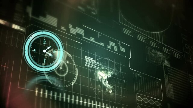 Animation of digital interface with clock over dark background - Powered by Adobe
