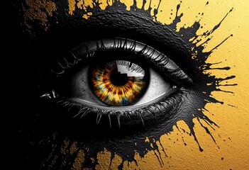 Closeup of a Human Eye in a Gold Paint Splash on Black Background