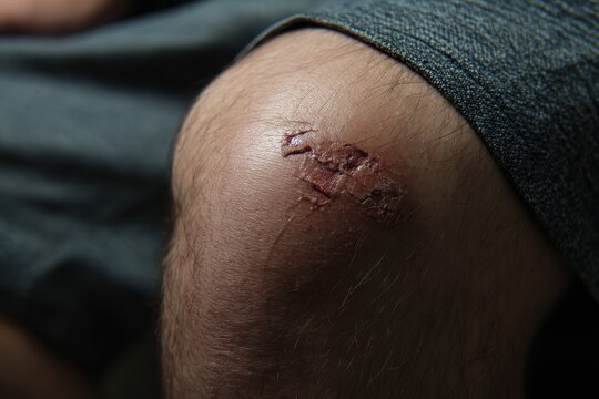 Knee wound with scar and scab