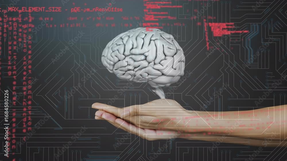 Poster animation of data processing and human brain over dark background