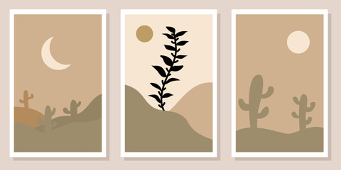 Scandinavian boho wall art set featuring leaves, the moon, and a cactus atop an abstract hill for aesthetic decor. Vector illustration.