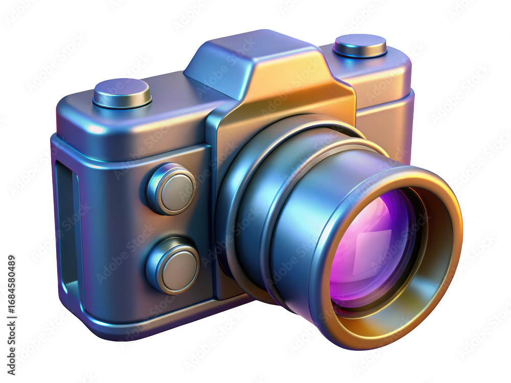 Poster camera icon photography device artistic render shiny style camera lens design 3d illustration isolat