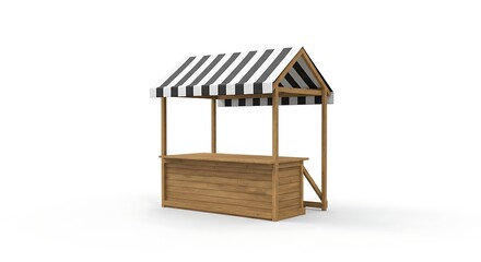 Wooden market stall with striped awning, perfect for showcasing products at a craft fair