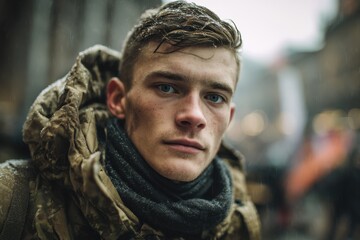 Obraz premium Military style portrait of a young man on the street