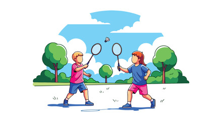 Adobe illustrator artwork vector illustration. Two happy boys playing badminton in a park, enjoying sports and outdoor recreation on a sunny day. Perfect for children's activity, friendship and summer