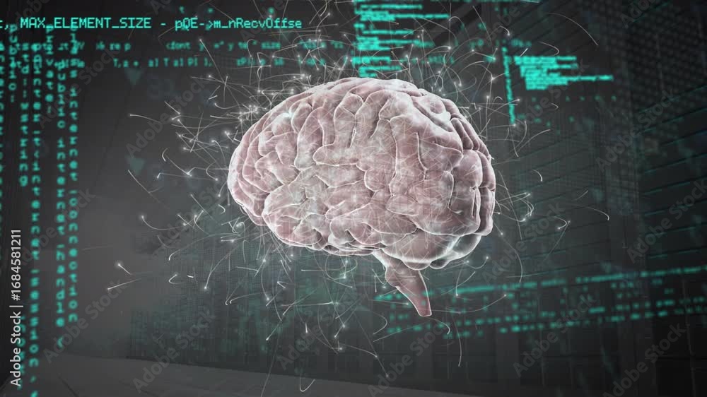 Poster animation of data processing and human brain over dark background